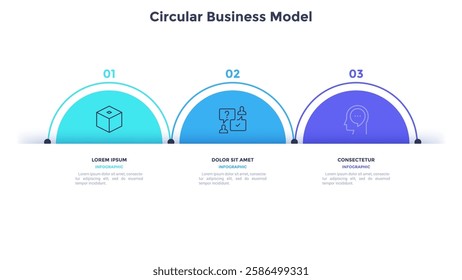 Business model with three colorful circular elements placed in horizontal row. Concept of 3 options of startup project to choose. Modern flat vector illustration for information analysis, banner.