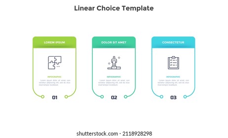 Business model with three linear rectangular elements placed in horizontal row. Concept of 3 features of service provided by company to choose. Simple flat vector illustration for data analytics.