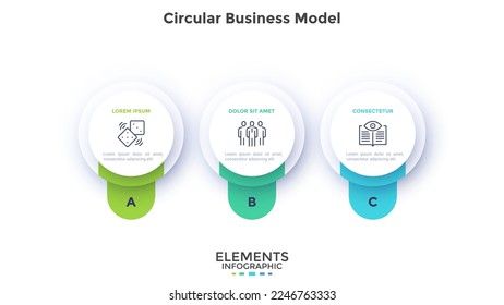 Business model with three paper white round elements or buttons placed in horizontal row. Concept of 3 business options to select. Minimal infographic design template. Modern flat vector illustration.