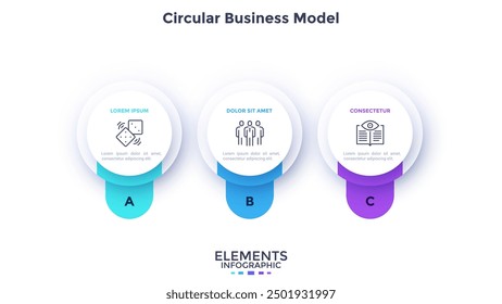 Modelo de negocio con tres Elementos redondos blancos de papel o Botones colocados en fila Horizontal. Concepto de 3 opciones de negocio para seleccionar. Mínima Plantilla de diseño de infografía. Moderna Ilustración vectorial plana.