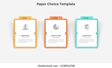 Geschäftsmodell mit drei rechteckigen weißen Papierelementen oder Tabletten in horizontaler Reihe. Konzept von 3 Projektoptionen zur Auswahl. Minimale Infografik-Design-Vorlage. Flache Vektorgrafik.