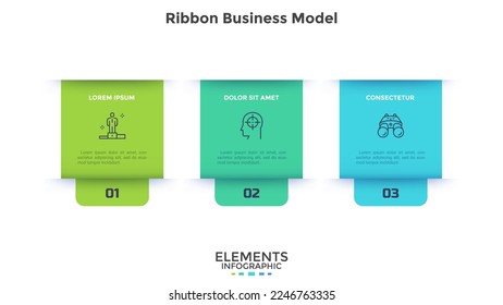 Business model with three rectangular ribbon elements placed in horizontal row. Concept of 3 steps of business strategy. Simple infographic design template. Modern flat vector illustration for banner.