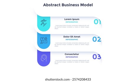 Business model with three rectangular ribbon elements placed in horizontal row. Concept of 3 steps of business strategy. Simple infographic design template. Modern flat vector illustration for banner.