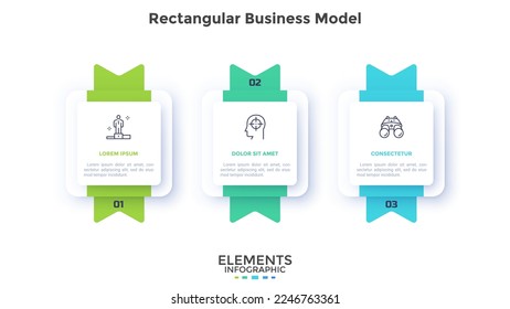 Business model with three square paper white elements with ribbons placed in horizontal row. Concept of 3 steps of startup project development. Infographic design template. Flat vector illustration.