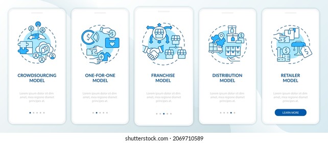 Business model types blue onboarding mobile app page screen. Enterprise walkthrough 5 steps graphic instructions with concepts. UI, UX, GUI vector template with linear color illustrations