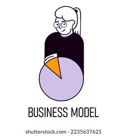 Business model. Vector illustration. Employee, manager with circle graph showing working division. Strategy and analytics. Concept of business, career development, success, growth, cooperation