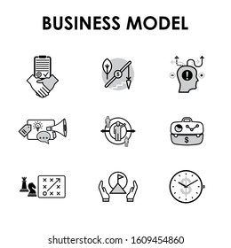 Business model web Icons. Header for website or social media page design. Timeline, Mission, Management, Analysis, Success, Marketing. Infographic icons collection. Vector illustration.