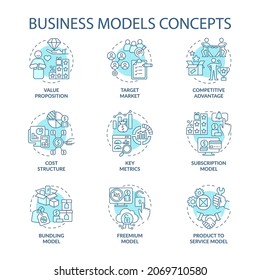 Business models blue concept icons set. Value proposition. Target market. Competitive advantage. Enterprise idea thin line color illustrations. Vector isolated outline drawings. Editable stroke