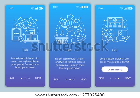 Business models onboarding mobile app page screen vector template. B2B, B2C, C2C. walkthrough website steps with linear illustrations. Marketing campaign. UX, UI, GUI smartphone interface concept