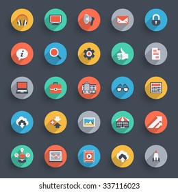 Business modern flat color icons on black background.