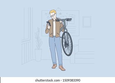 Business, modern, freelance concept. Young happy smiling businessman watches a message on his phone at the office holding a bicycle in his hands. Teacher at school or college. Simple flat vector.