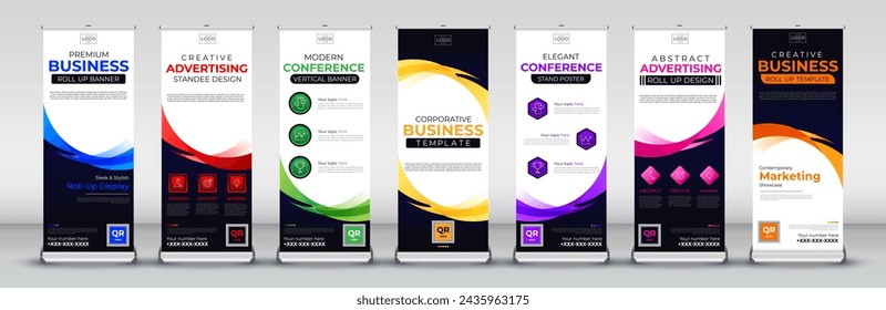 Business modern roll up banner collection for events, annual meetings, presentations, marketing, promotions and brochure, covers in blue, red, green, yellow, purple, pink and orange