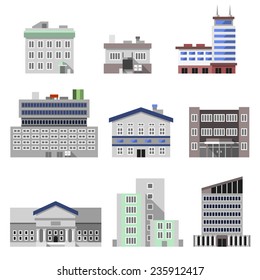 Business modern urban office buildings flat decorative icons set isolated vector illustration