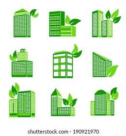 Business modern urban office green leaves eco buildings icons isolated vector illustration