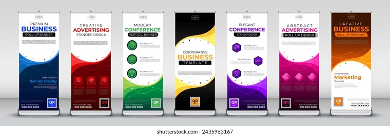 Business modern wave roll up banner collection for events, annual meetings, presentations, marketing, promotions and brochure, covers in blue, red, green, yellow, purple, pink and orange