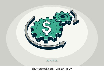 Business and money circulation concept poster, gears with dollar sign vector icon style illustration, economy and finance, economical system.