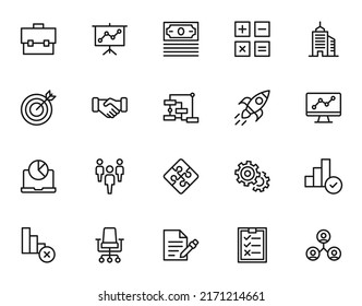 Business and money concept. Monochrome sign drawn with black line. Vector icon set with symbols of suitcase, progress line, money, calculator, skyscraper, target, hand shaking etc 