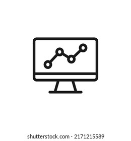 Business and money concept. Monochrome sign drawn with black line. Editable stroke. Vector line icon of progress line on computer monitor 