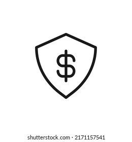 Business, money, finance concept. Vector signs drawn with black line. Suitable for adverts, web sites, apps, articles. Line icon of dollar inside of armor or shield