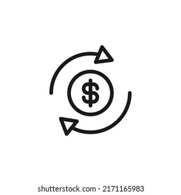 Business, money, finance concept. Vector signs drawn with black line. Suitable for adverts, web sites, apps, articles. Line icon of dollar surrounded by circle arrows 