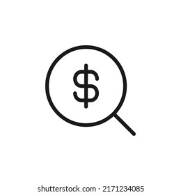 Business, money, finance concept. Vector signs drawn with black line. Suitable for adverts, web sites, apps, articles. Line icon of dollar inside of magnifying glass