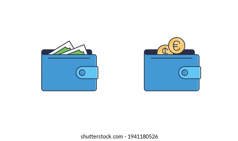 Business money and finance vector icons. 2 items of purses with money currency dollars and coins. White background
