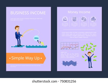 Business and money income simple way up, pictures of man fishing currency, icons of wallet and scales, coins and text sample, vector illustration