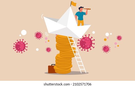 Business Money Risk And Paper Boat Help. Problem Leadership Investment And Finance Solution Direction Vector Illustration Concept Metaphor. Collapse Company Businessman And Global Dollar Impact