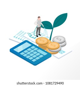 business money saving plan concept, there are calculator, plant tree,  money coins and bill receipt. vector illustration 