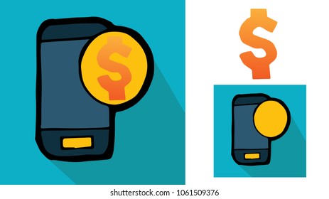 Business Money Technology Flat Icon, Sign, Symbol, Object, People, Abstract Creative Art Drawing. Dollar Coin Currency Mobile Phone Communication. Graphic Design Template, Element, Vector Illustration