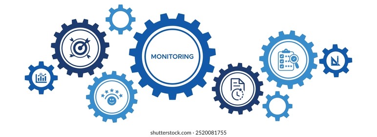 Business Monitoring and Process Evaluation Banner with Icons for Objectives, Analysis, Measurement, and Review