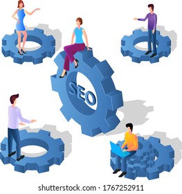 Business monitoring and SEO promotion.Links of gears as a symbol of work.People are engaged in business promotion.Strategic analysis and business communication.Isometric vector image.