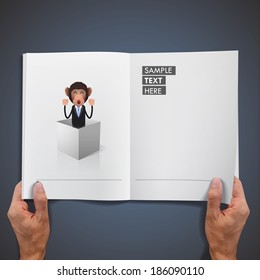 Business monkey with box printed on book. Vector design