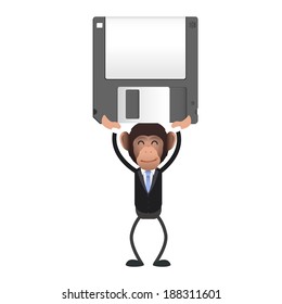 Business monkey with diskette over white background. Vector design. 