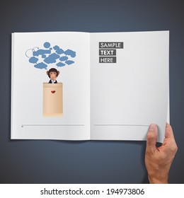Business monkey with envelope printed on book over blue background