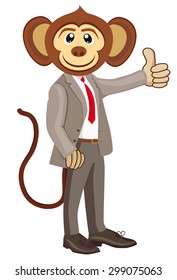 Business monkey in a gray suit.Thumbs up