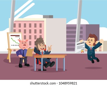 Business monkey happy because his proposal is accepted by his manager in the office