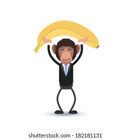 Business monkey holding a banana over white background