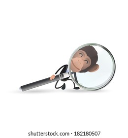 Business monkey with magnifying glass over white background