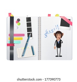 business monkey making silence gesture printed on notebook