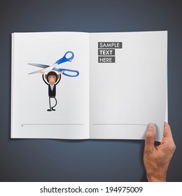 Business monkey with scissor printed on book over blue background