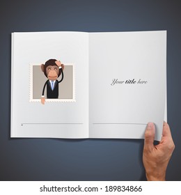 business monkey with stamp printed on book. vector design.