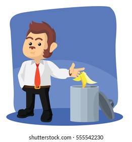 business monkey throw banana peel in trash can