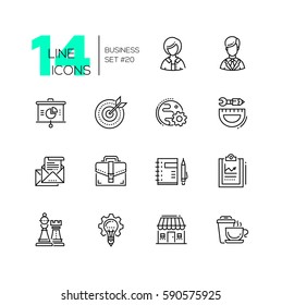 Business - monochromatic vector modern single line icons set. Male, female person, pie chart, globe, gear, protractor, pencil, letter, case, notepad, chess king, queen, light bulb, house, coffee.