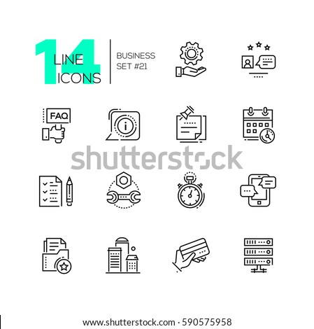Business - monochromatic vector modern single line icons set. Gear, faq, message, calendar, clip note, building, drive, timer, tablet, checklist, credit card.