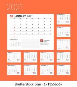 Business monthly planner for 2021 year. Set of 12 months. Business planner. Stationery design. Week starts on Sunday. Vector illustration