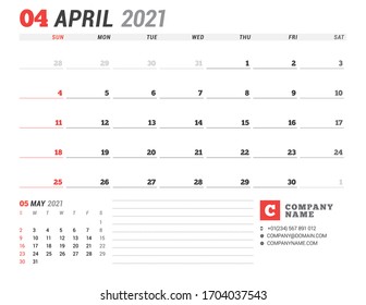 Business monthly planner for April 2021. Stationery design. Week starts on Sunday. Vector illustration