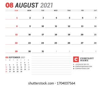 Business monthly planner for August 2021. Stationery design. Week starts on Sunday. Vector illustration