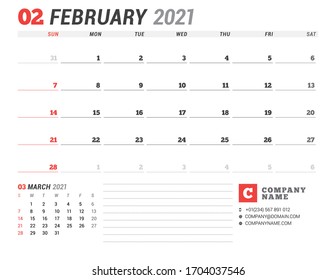 Business monthly planner for February 2021. Stationery design. Week starts on Sunday. Vector illustration