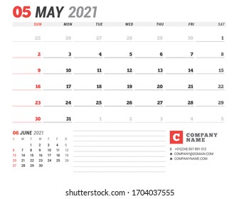 Business monthly planner for May 2021. Stationery design. Week starts on Sunday. Vector illustration